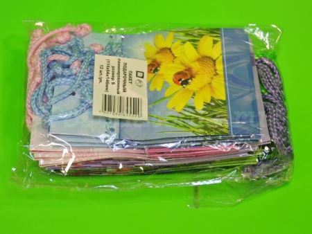 Пакет бумажный ламинированный S (11,4х6,4х14,6) Микс Цветы (4 дизайна) 12 шт/упак